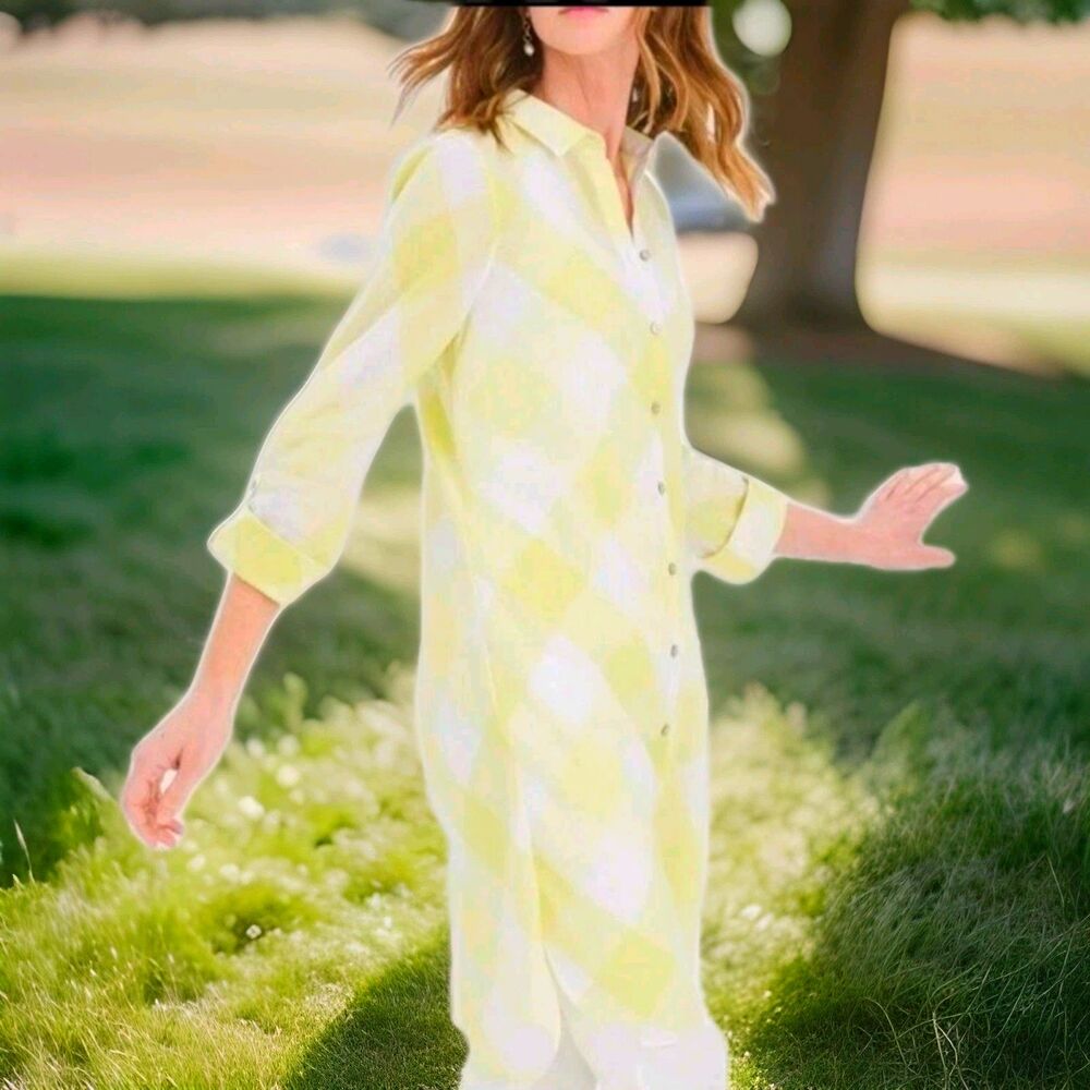 Chico's 2 White Yellow Gingham Maxi Shirt No Iron 100% Linen Button Roll Tab